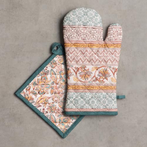 100% Cotton Oven Mitt & Pot Holder Set (047 - Nila / 7.5" x 13" & 8" x 8" (Oven Mitt & Pot Holder))
