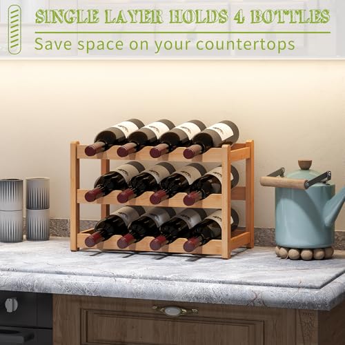 Bamboo Wine Rack Wine Storage Cabinet Shelf 12 Bottle Wine Racks Countertop Sturdy for Kitchen Dining Room Pantry (Natural / 3 Tier)