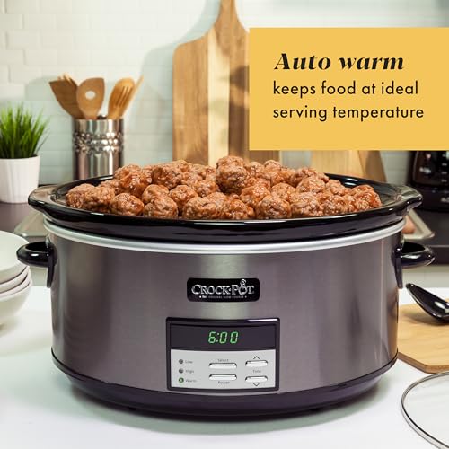 Large 8 Quart Programmable Slow Cooker with Auto Warm Setting Black Stainless Steel