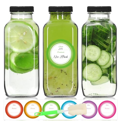12oz 3 Pack Glass Juice Bottles with Leak (12oz-3pcs)