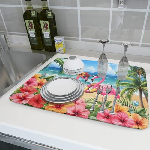 Summer Flamingos Dish Drying Mat 18x24 inch Tropical Beach Microfiber Washable Dish Rack Mats Drainer Pad for Counter Kitchen Table Decor (Summer Flamingos / 18" x 24")