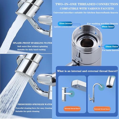 Universal Sink Faucet 1440° Rotatable Faucet Aerator Extension (2*Silver)