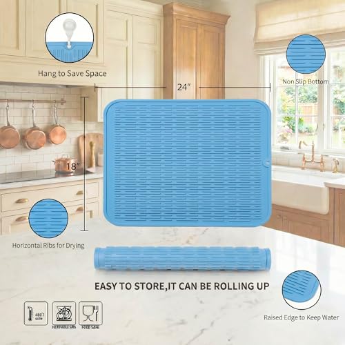 Silicone Dish Drying Mat for Multiple Usage (Light Blue / 24"L x 18"W)