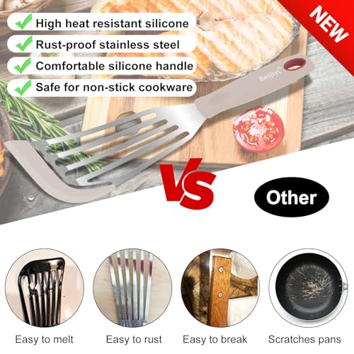 2 Piece Silicone Fish Spatula for Nonstick Cookware (Khaki)