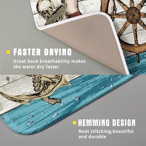 Nautical Anchor Dish Drying Mat 16x18 inch Coastal Boat Fast Dry Microfiber Reversible Dish Drainer Pad Kitchen Countertop Tabletop Decor (Marine Anchor / 16" x 18")
