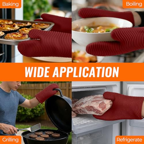 Silicone Oven Mitts (2PCS-12"L x 7"W/RED-WAVE SURFACE)