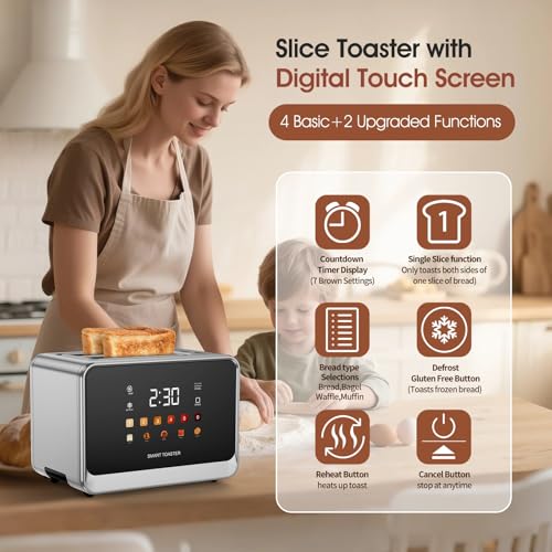 Toaster Touch Screen Toaster 2 Slice with LCD Display Stainless Steel Digital Timer Toasters 6 Bread Types& 6 Shade Settings Smart Extra Wide Slots Tostadora With Bagel Cancel (Clear)