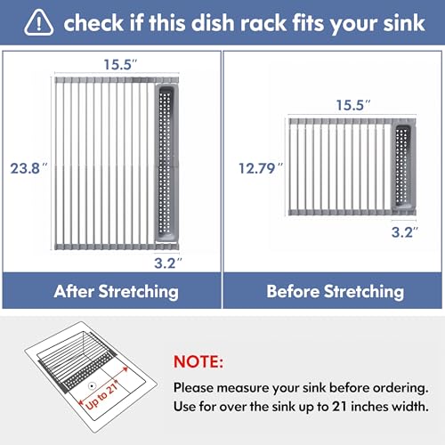 Roll Up Dish Drying Rack for Kitchen Sink with Utensil Holder (Gray / Roll Up, 12.8" - 23.8" D x 15.5" W)