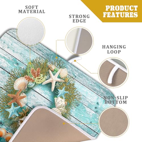 Coastal Wreath Dish Drying Mat 16x18 inch Starfish Shell Absorbent Microfiber Dish Rack Mats Drainer Pad Kitchen Countertop Accessories (Coastal Wreath / 16" x 18")
