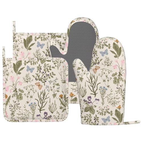 Vintage Wildflower Herbs Floral Rustic Butterfly Oven Mitts and Pot Holders Sets Silicone Kitchen Mitts Potholders Heat Resistant 4Pcs Oven Gloves Hot Pads for Kitchen Baking Cooking (Vintage Wildflower)
