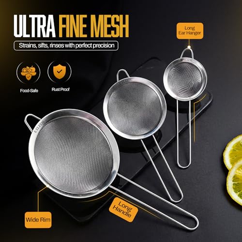 Premium Stainless Steel Fine Mesh Strainers for Kitchen 3 (Silver - 8/12/18 CM)