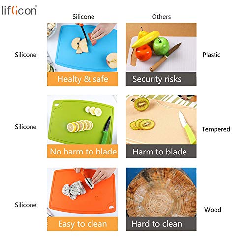 Silicone Thick Cutting Boards Mats Set of 3 Foldable & Flexible Design Juice Grooves Easy Grip Handle Dishwasher Safe for Kitchen (9.1"L x 7.1"W, 12.6"L x 9.1"W & 14.6"L x 10.4"W / Green)