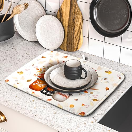 Autumn Pumpkin Dish Drying Mat 16x18 Inch Sunflower Flower Vase Washable Draining Mat with Hanging Loop Seasonal Holiday Home Decoration (Pumpkin Vase / 16" x 18")