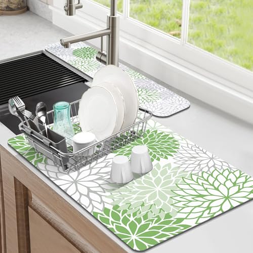 2Pcs Dish Drying Mat & Sink Splash Guard (Green / 12" X 20" + 24" X 5.5")