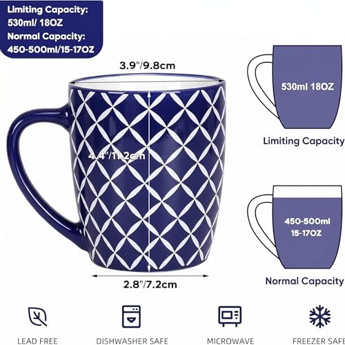 18 OZ Coffee Mugs Set of 6 (18 OZ / Blue Coffee Mugs)