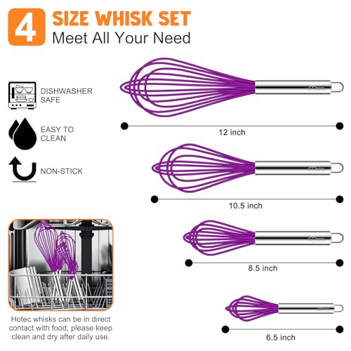 4 Pieces Silicone Whisks Set (Purple,Silver)