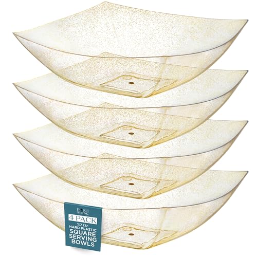 4 Pack Disposable Gold Plastic Serving Bowls Square Party Candy Use 32oz (32 OUNCE / GOLD GLITTER)