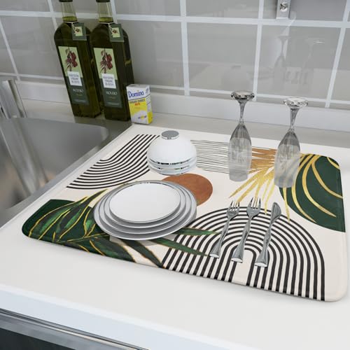 Boho Leaves Dish Drying Mat 18x24 inch Mid Century Absorbent Drainer Rack Mats Fast Dry Bottles Dish Dry Pad Protector Kitchen Accessories (Boho Leaves / 18" x 24")