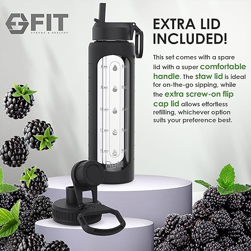 32 oz Glass Water Bottle with Time Marker (Black, Black Carrier)
