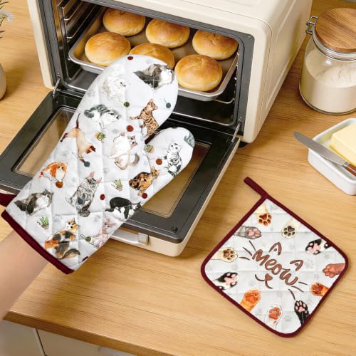 Cute Cat Oven Mitts and Pot Holders Set (Cat / Oven Mitt x1 & Pot Holder x1)