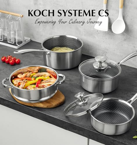 Hybrid Nonstick Stainless Steel Saucepan Set with Steamer Insert (1+2+3 Quart / Silver)