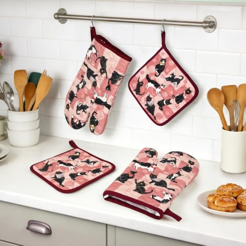 Black Cat Oven Mitts and Pot Holders Set (Black Cat / Oven Mitt x2 & Pot Holder x2)