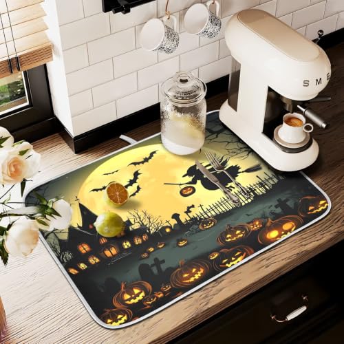Halloween Night Pumpkins Witch Dish Drying Mat for Kitchen Counter Absorbent Microfiber Large Drying Pad Dish mats for Kitchen Countertops 18 x 24 Inch (Halloween Night / 24" x 18")