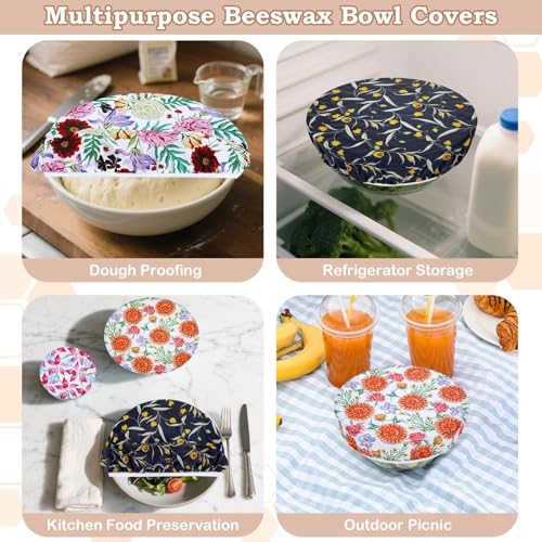 5Pcs Reusable Beeswax Elastic Bowl Covers for Bread Proofing and Food Cover (Colorful Floral)