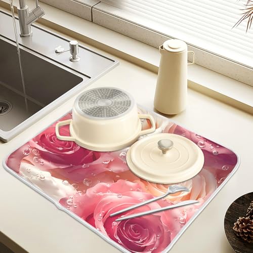 3d Pink White Roses Dish Drying Mat for Kitchen Counter Absorbent Microfiber Large Drying Pad Dish mats for Kitchen Countertops 18 x 24 Inch (Pink White Roses / 24" x 18")