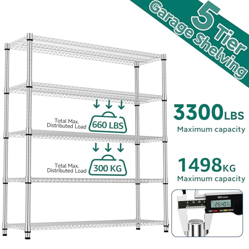 5 Tiers Shelf 3300 lbs Steel Storage Shelving Utility Shelving Unit Steel Organizer Wire Rack for Home (5 tier, 17.7" D x 59.1" W x 70.3" H / Chrome)
