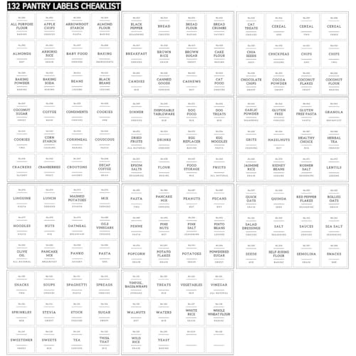 Set of 6 Glass Flour and Sugar jars with 132 Kitchen Pantry Labels