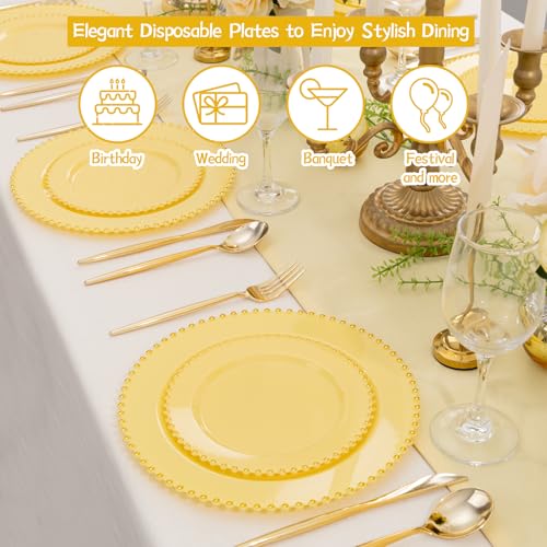 100pcs Elegant Yellow Plastic Plates with Gold Beaded for Wedding (Yellow and Gold Plastic Plates / 100PCS)