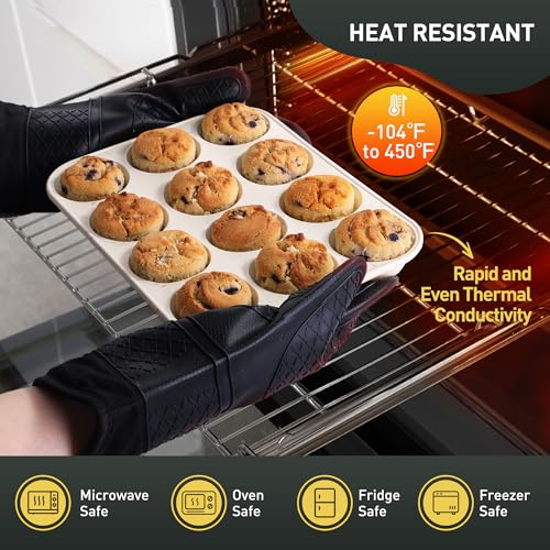 2 Pack 12 Cups Silicone Muffin Pan with Metal Reinforced Frame Regular Size Silicone Molds Cupcake Cake Baking Pans Cookie Baking Chocoflan Cupcake Mold Not Stainless Steel Ceramic Aluminum (2pc: 12-Cup Regular / Black and Cream)