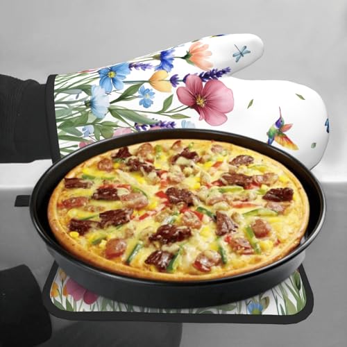 Spring Floral Oven Mitts and Pot Holder 2Pcs Hummingbird Flower Heat Resistant Kitchen Glove Washable Potholder for Baking Cooking Grilling (Hummingbird Flower)