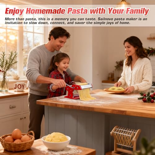 3-in-1 Pasta Maker with 9-Setting Pasta Roller & Cutters, Red (Red)