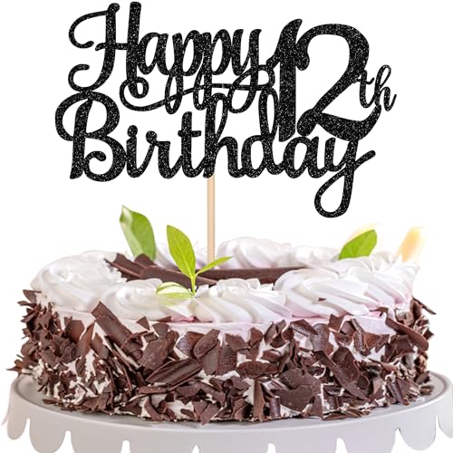 1 PCS Happy 12th Birthday Cake Topper Glitter Cheers to 12 Years Birthday Cake Pick 12 Fabulous Cake Decoration for Happy 13th Birthday Theme Party Decorations Supplies Black (Black / 12th)