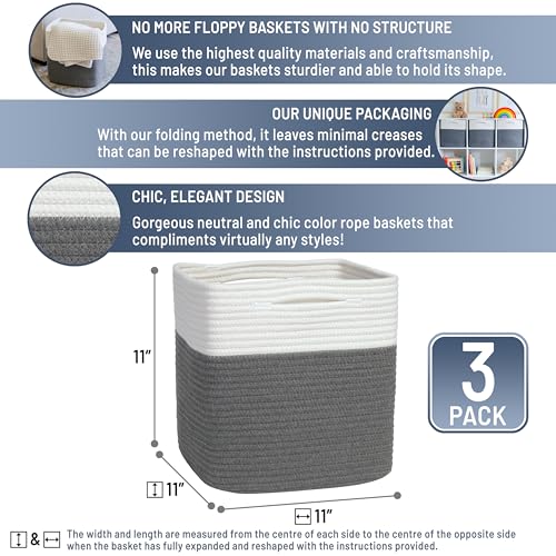 Storage Cubes 11 Inch Cotton Rope Woven Baskets for Organizing (Off White & Charcoal Gray)