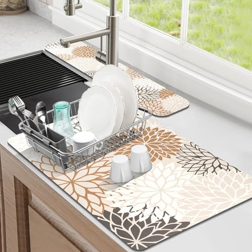 2Pcs Dish Drying Mat & Sink Splash Guard (Brown / 12" X 20" + 24" X 5.5")