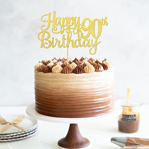 1 PCS Happy 90th Birthday Cake Topper Gold Glitter Cheers to 90 Years Birthday Cake Pick 90 Fabulous Cake Decoration for Happy 90th Birthday Theme Party Decorations Supplies (Gold / 90th)