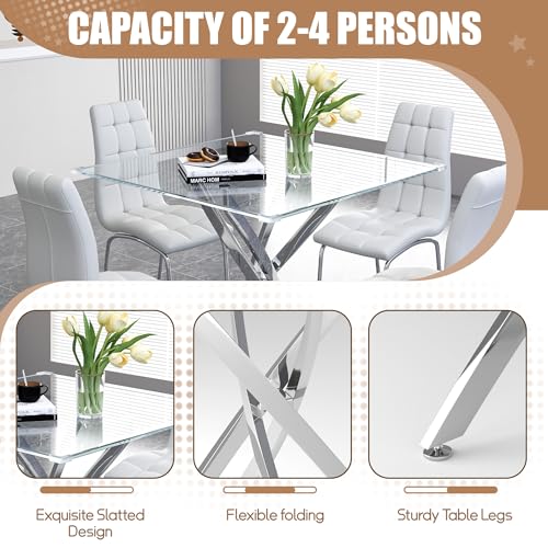 5 Piece Square Glass Dining Table Set (Silver Square Table/White Pu Chairs / 5 Pieces)