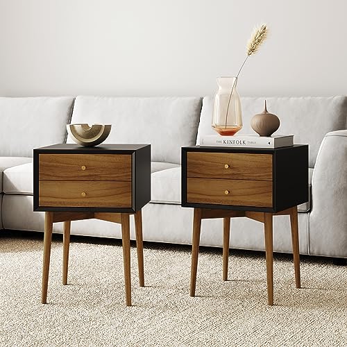 Harper Modern Nightstand Side Accent or End Table with Storage Drawer (Black/Brown / Set of 2)