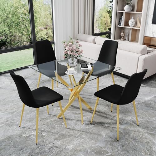 36" Square Glass Dining Table Set for 4 (Gold Square Table/Black Velvet Chairs / 5 Pieces)