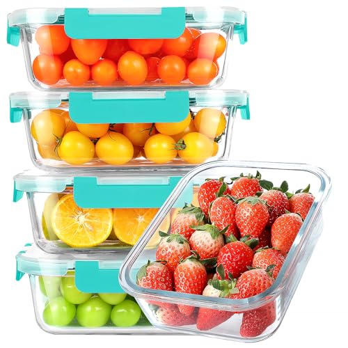 30 oz 5 Pack Glass Meal Prep Containers with Lids (Green / 1-Compartment 30 oz)