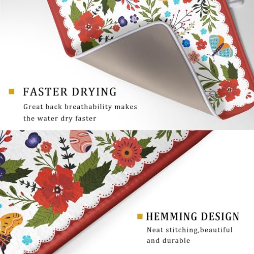 Large Microfiber Dish Drying Mat Red Floral Absorbent Drying Pad for Kitchen Counter (Light Flowers Red / 24" x 18")