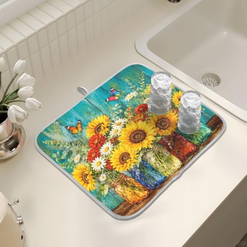 Spring Summer Floral Jar Dish Drying Mat for Kitchen Counter Absorbent Microfiber Large Drying Pad Dish mats for Kitchen Countertops 18 x 24 Inch (Spring Summer Floral Jar / 24" x 18")