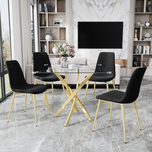 36" Square Glass Dining Table Set for 4 (Gold Square Table/Black Velvet Chairs / 5 Pieces)