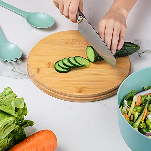 Bamboo Fiber 10 ″ Large Salad Serving Bowl Set with Wooden Lid & Servers (9.84 inch / Turquoise)