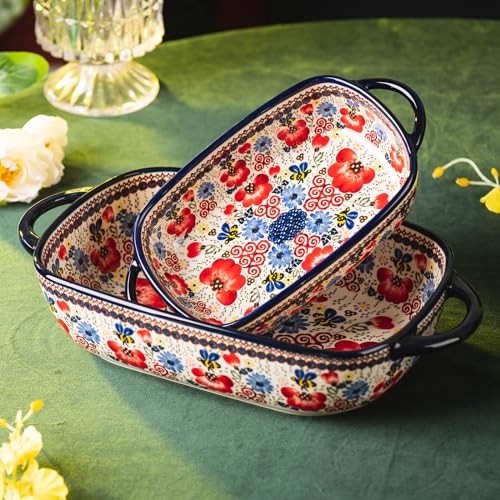 Baking Dish Ceramic Baking Pan Blue Casserole Dish Porcelain rectangular Baking Set 2pcs Bakeware Sets Single Serving Size Lasagna Pan Baking Dishes for oven (Honey Flower)