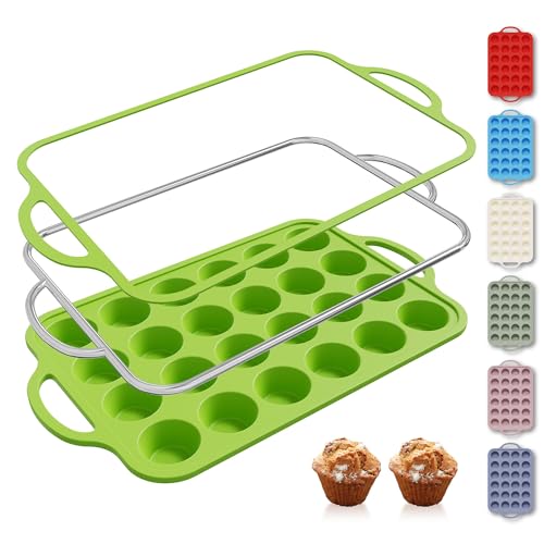 24 Cups Silicone Muffin Pan with Metal Reinforced Frame Cupcake Tray Egg Mold Great Grandma Christmas Xmas Birthday Mother Gifts Ideas Grandmother Gigi Granny Nana Glamma Mawmaw Yaya AAbuelita Mamaw (1pc: 24-Cup Mini / Green)