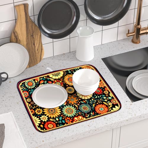 Bohemian Style Flowers Drying Pad Boho Floral Dish Drying Mat for Kitchen Counter Absorbent Microfiber Drainer Rack Mat (Boho Floral Black / 18" x 16")